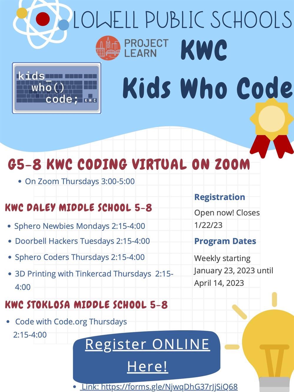 Kids Who Code : Thursdays 2:15 on Zoom 